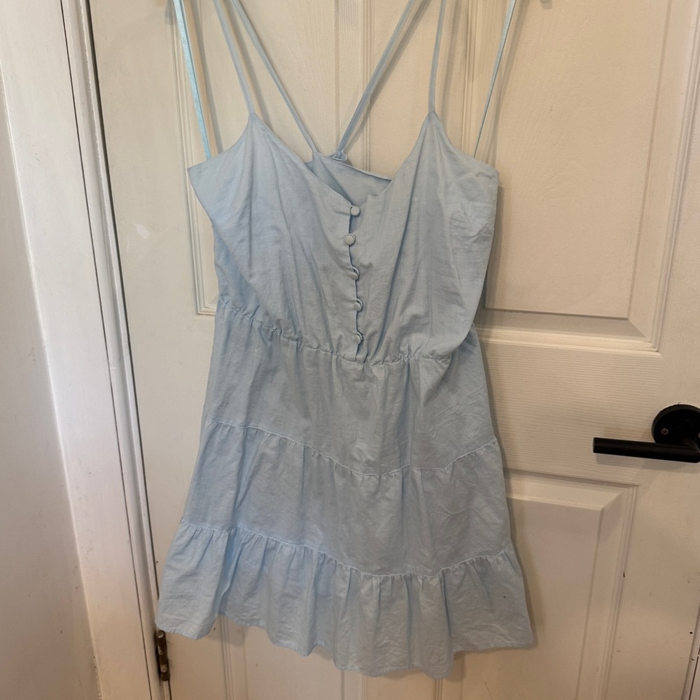 Vintage light blue cotton spaghetti strap tiered mini dress